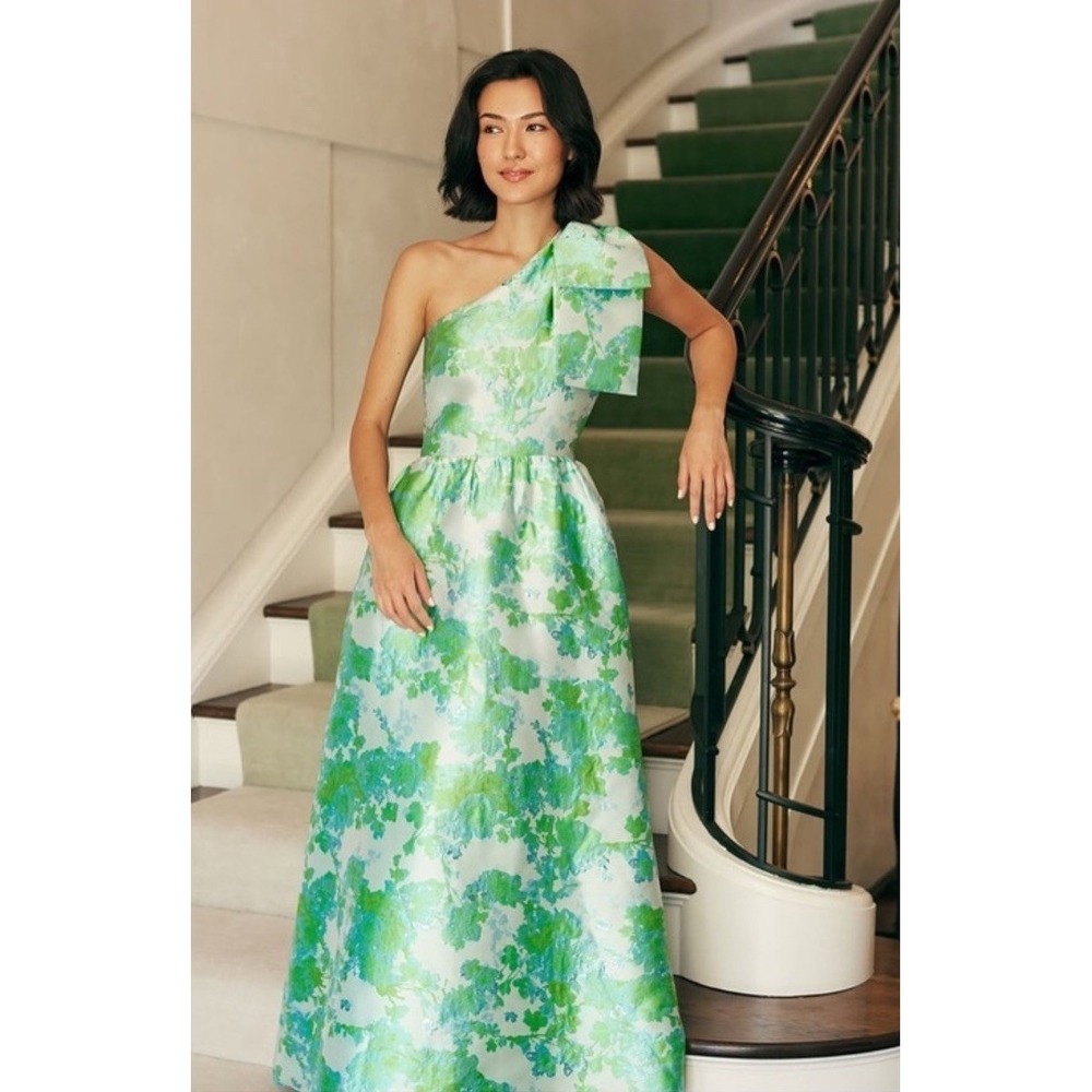 NEW Abbey Glass Caroline One Shoulder Green Blue jacquard Gown Dress, SM prom